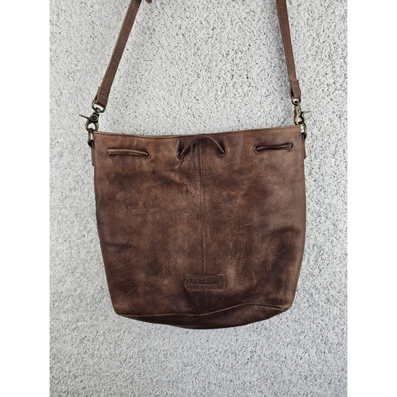 Vintage Myra Leather Drawstring Bucket Bag Purse Tote Crossbody Boho Distressed - Picture 13 of 16